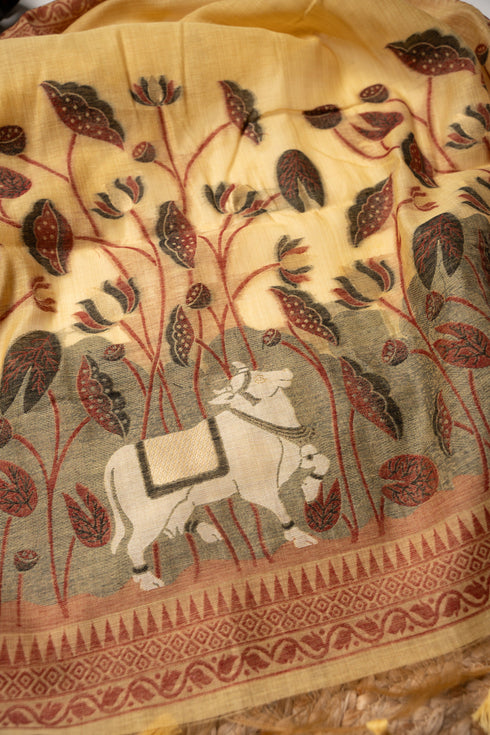 Celestial Cotton Yellow Jamdani Muga Cotton Unstitched Suit Set